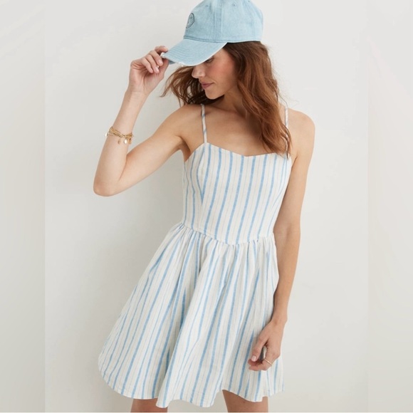 NWT Aerie Love Of Linen Blend Striped Mini Dress w/pockets Sz Medium - Picture 1 of 11